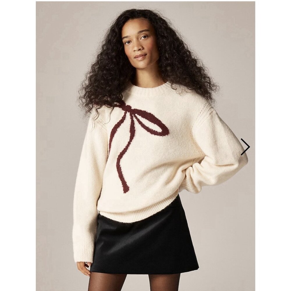 J.Crew Womens Relaxed Bow Print Crewneck Pullover Small Cream Knit Coquette NWT - Picture 2 of 14